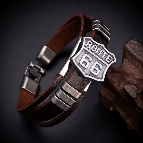 Men’s Brown Genuine Leather American Route 66 Wrap Bracelet Cuff Wristband